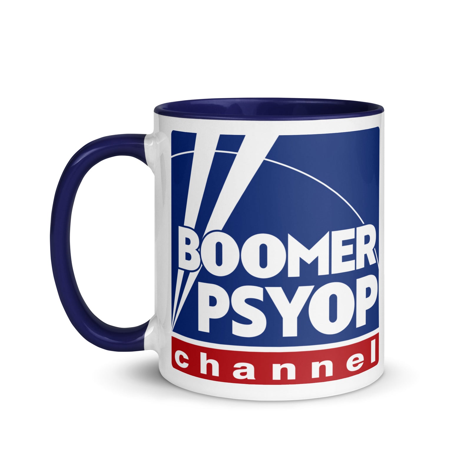 Mug with 'Boomer Psyop Channel' design on a white background