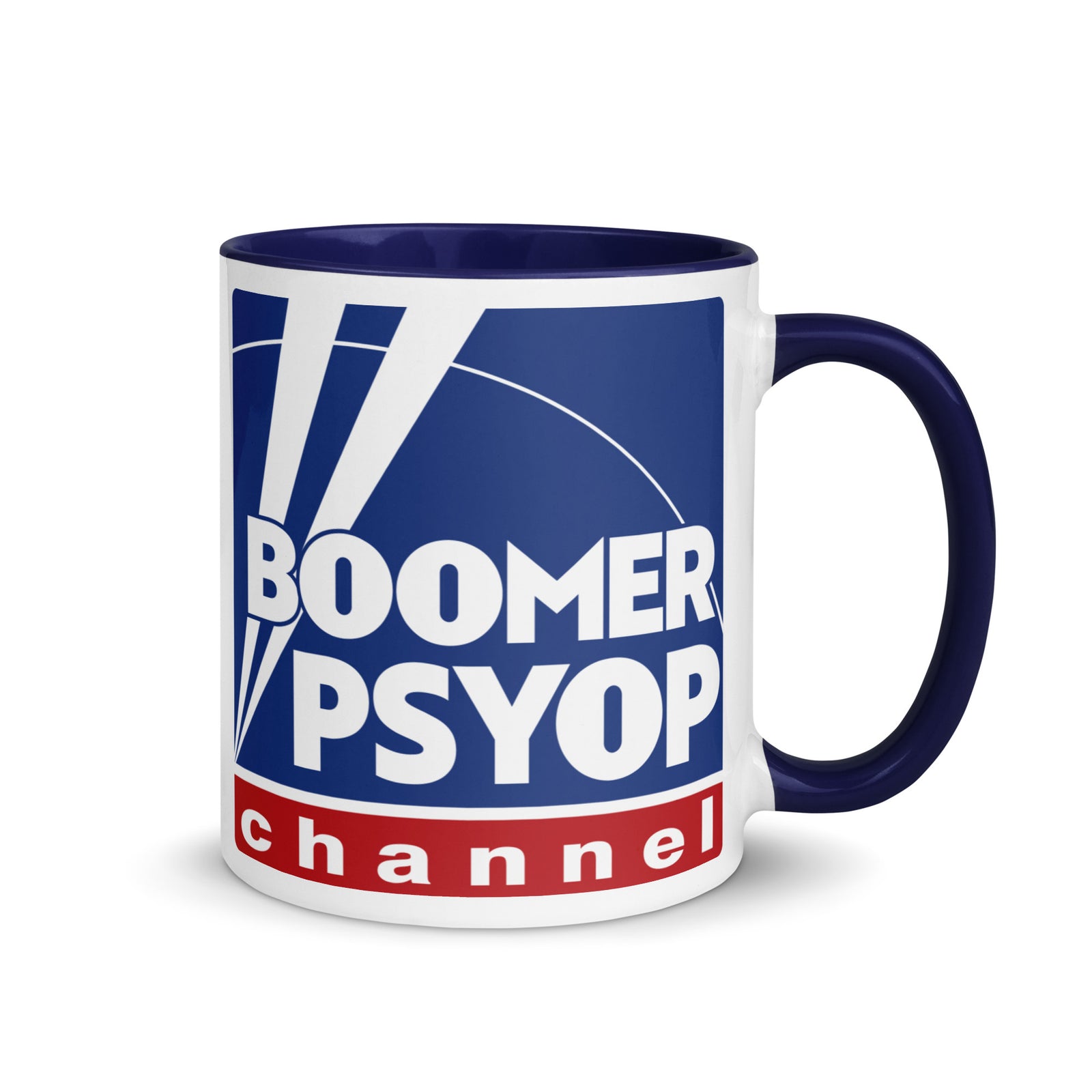 Mug with 'Boomer Psyop Channel' design on a white background
