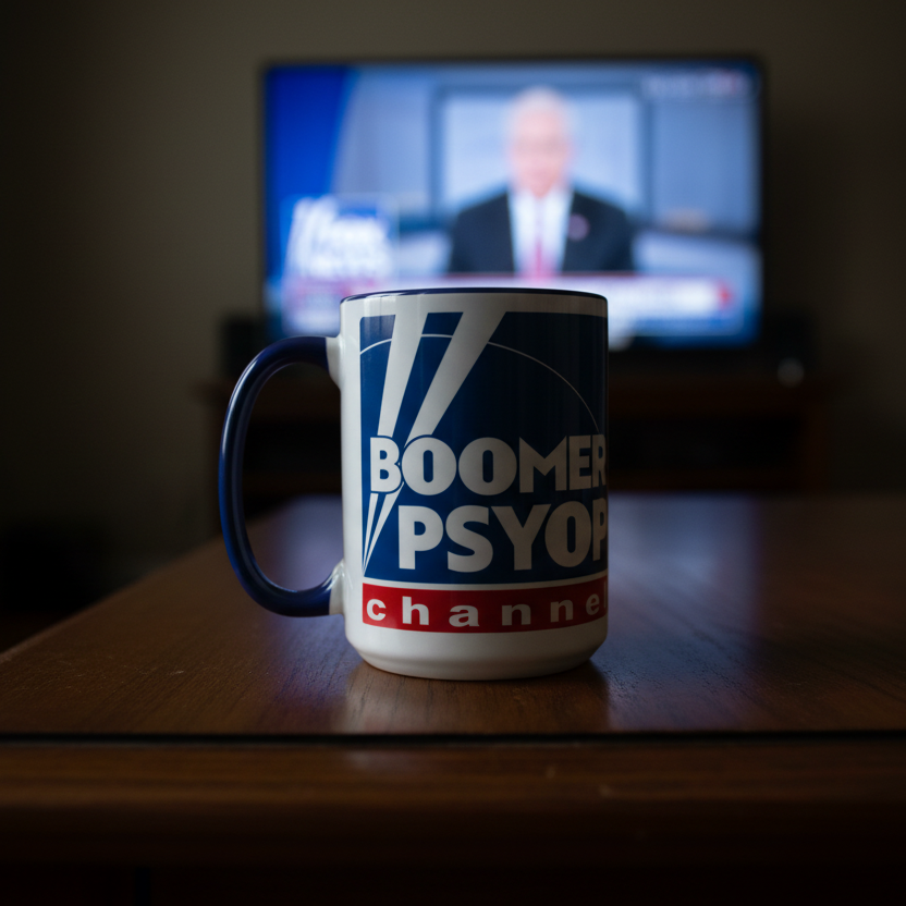 Mug with 'Boomer Psy' branding on a table in front of a television screen.