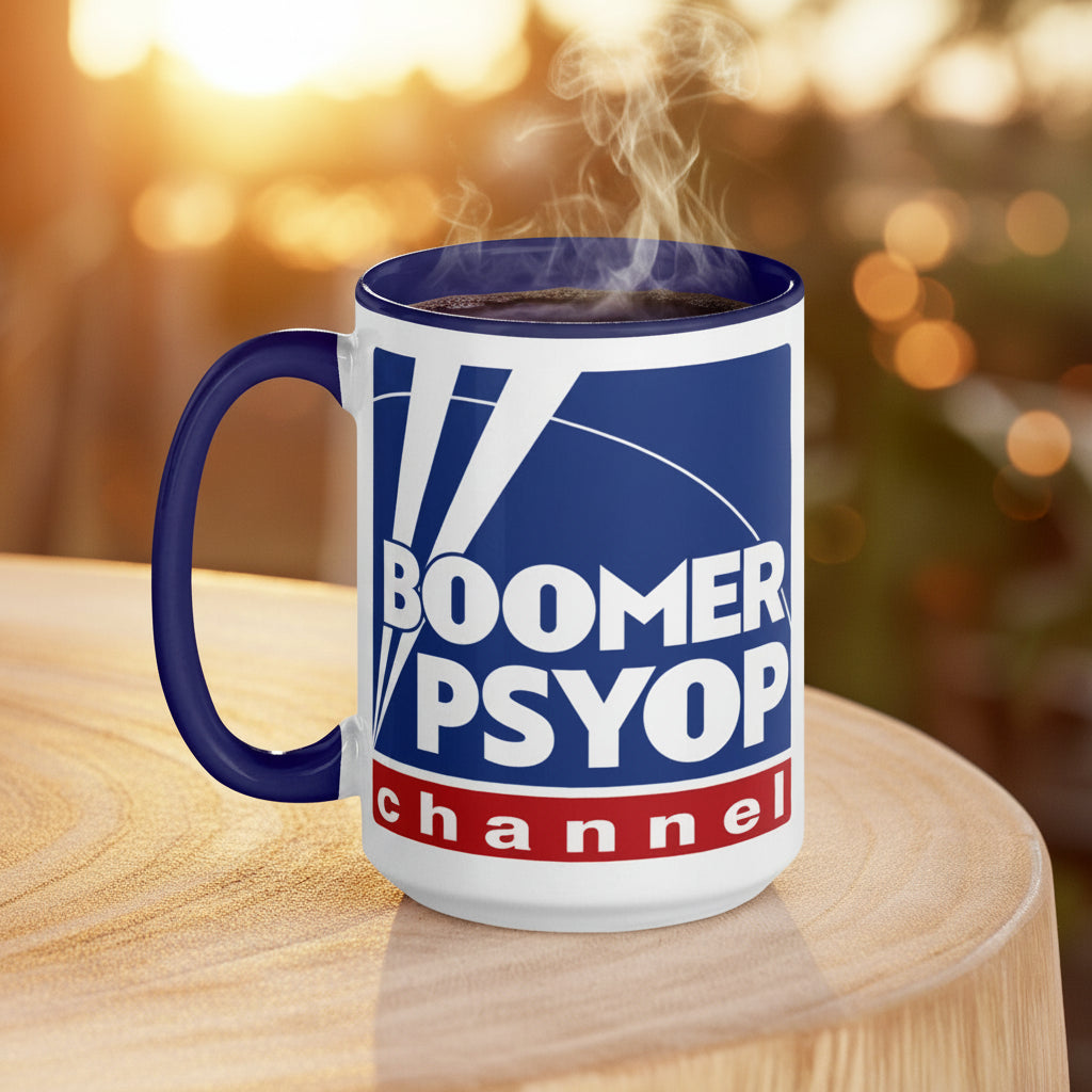 Mug with 'Boomer Psyop Channel' design on a wooden surface