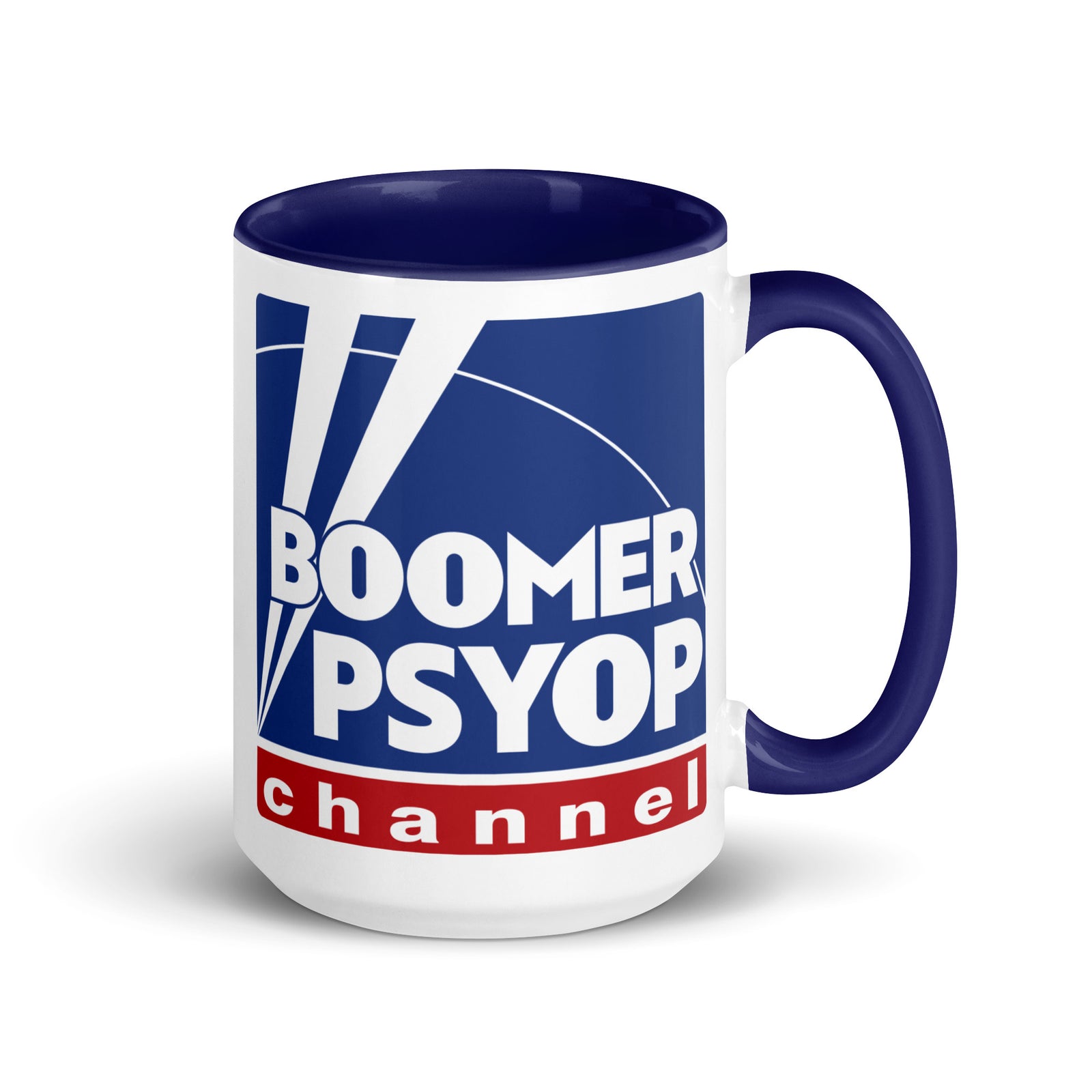Mug with 'Boomer Psyop Channel' design on a white background