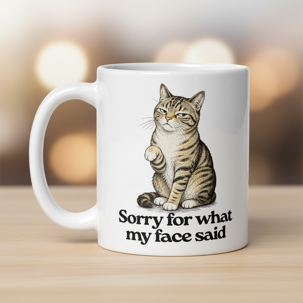 A white ceramic mug with a printed illustration of a tabby cat and the text 'Sorry for what my face said' in black font, set on a light wooden surface with a warm, blurred bokeh background.