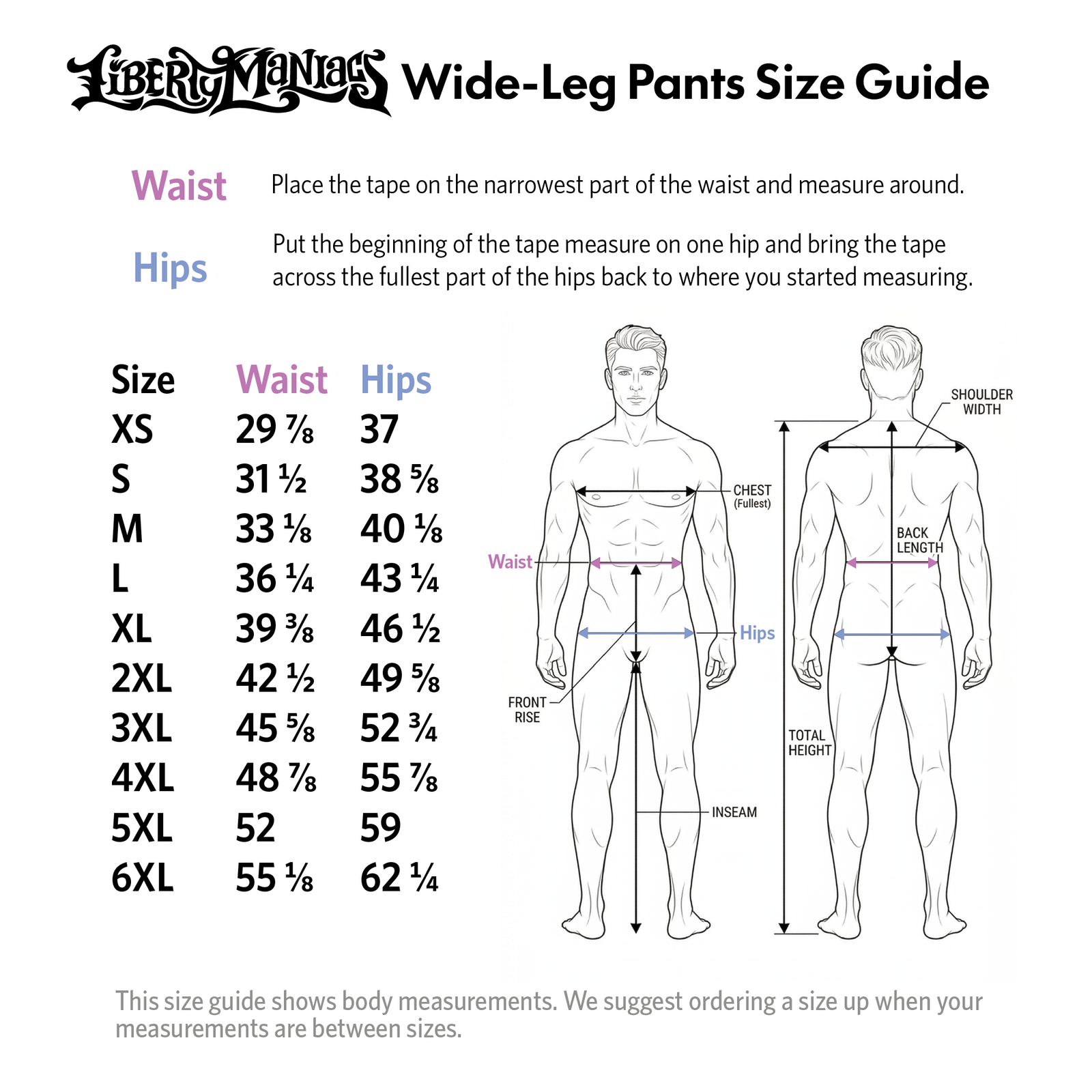 Wide-leg pants size guide with measurements for waist and hips, featuring illustrations of a man and woman.