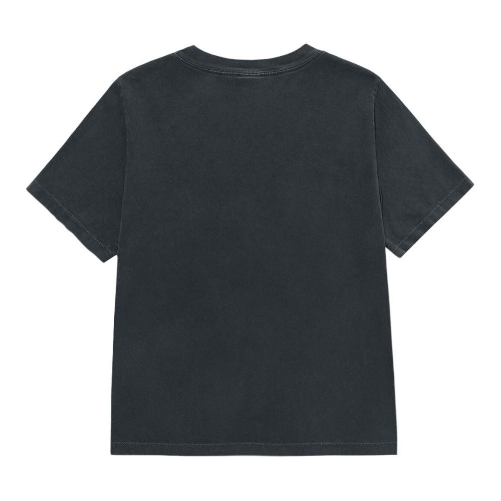 A washed black short-sleeve t-shirt shown from the back, laid flat against a solid white background.