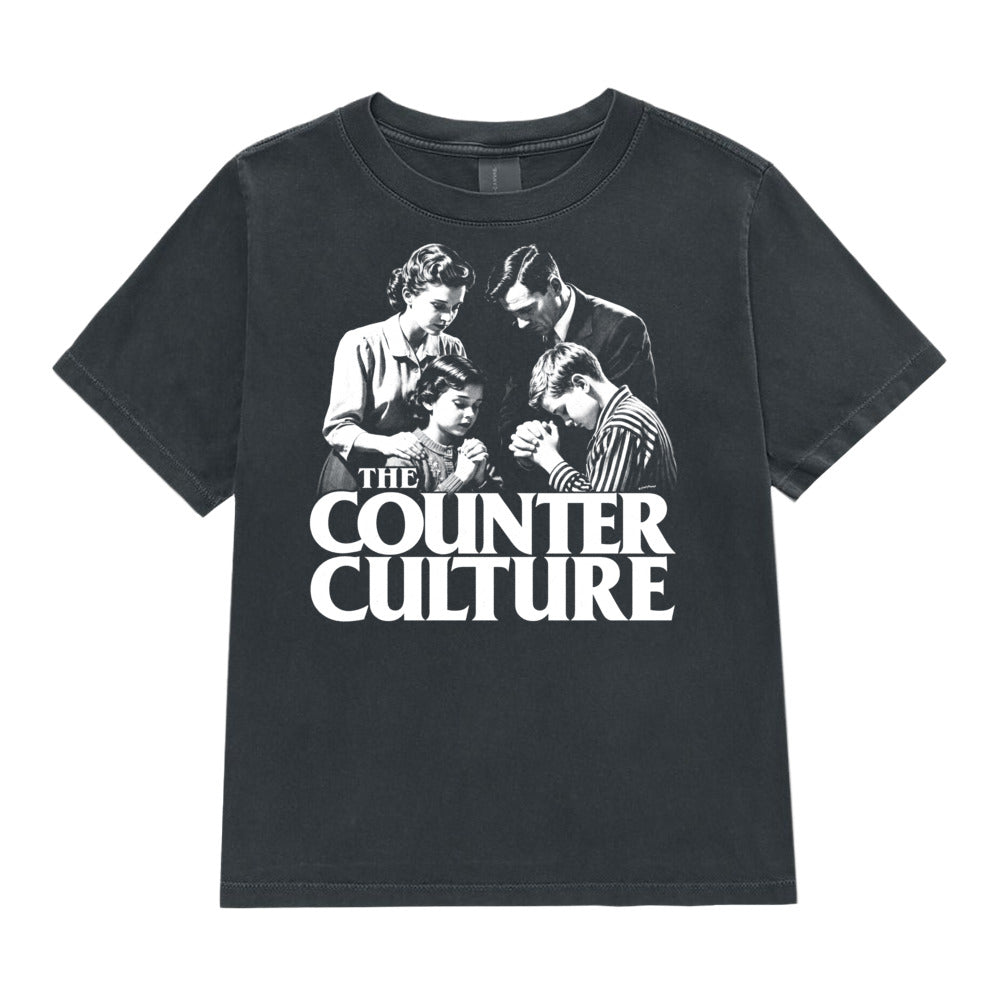 A black short-sleeve t-shirt with a white graphic print of the band 'The Counter Culture' and their classic album cover art, displayed flat against a white background.
