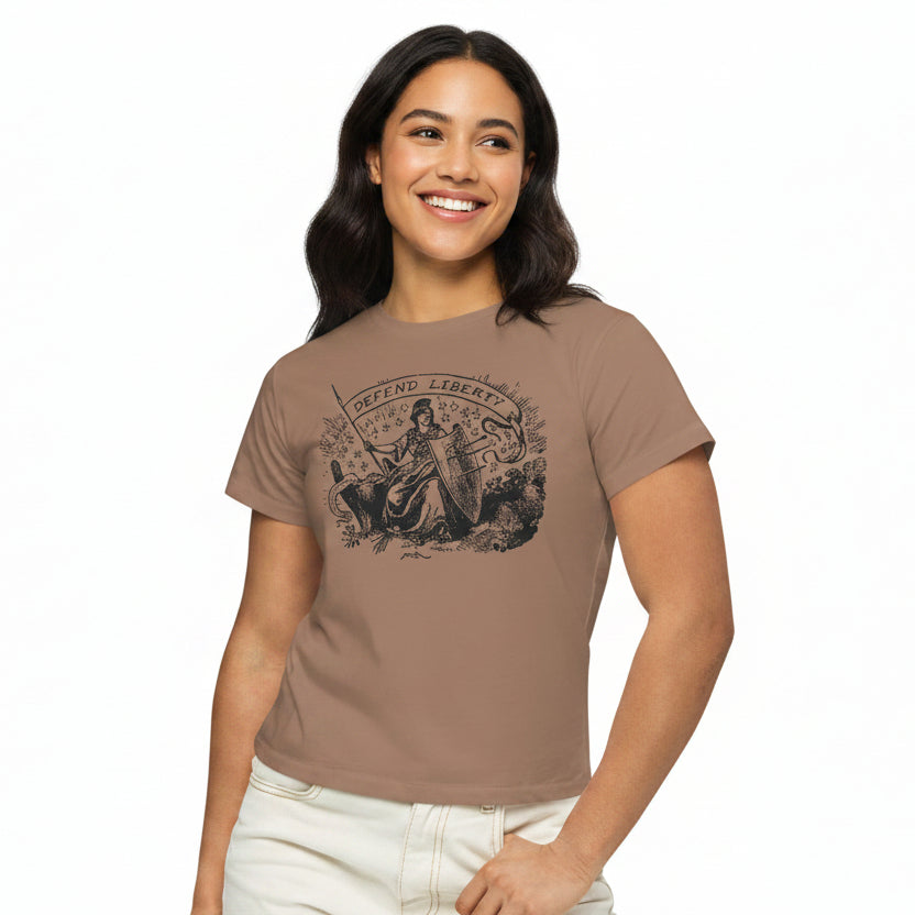 Defend Liberty women's high-waisted t-shirt in latte showing front artwork