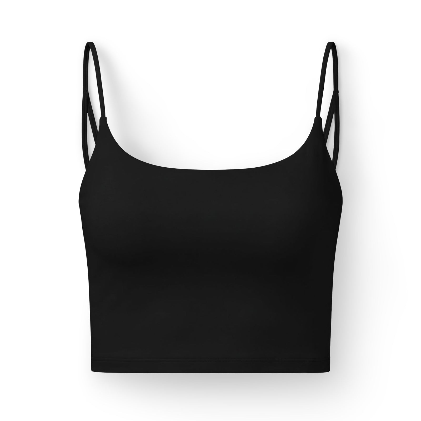 Black crop top with thin straps on a white background