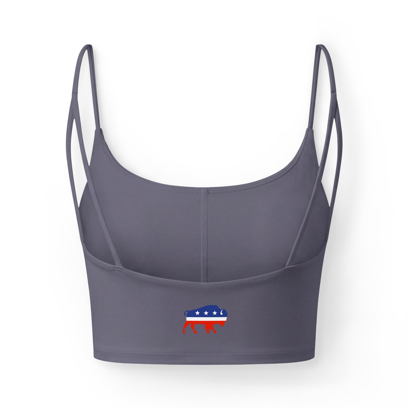 A dark gray sports bra with thin double shoulder straps and a small graphic of a donkey in the style of the American flag on the lower front, shown against a plain white background.
