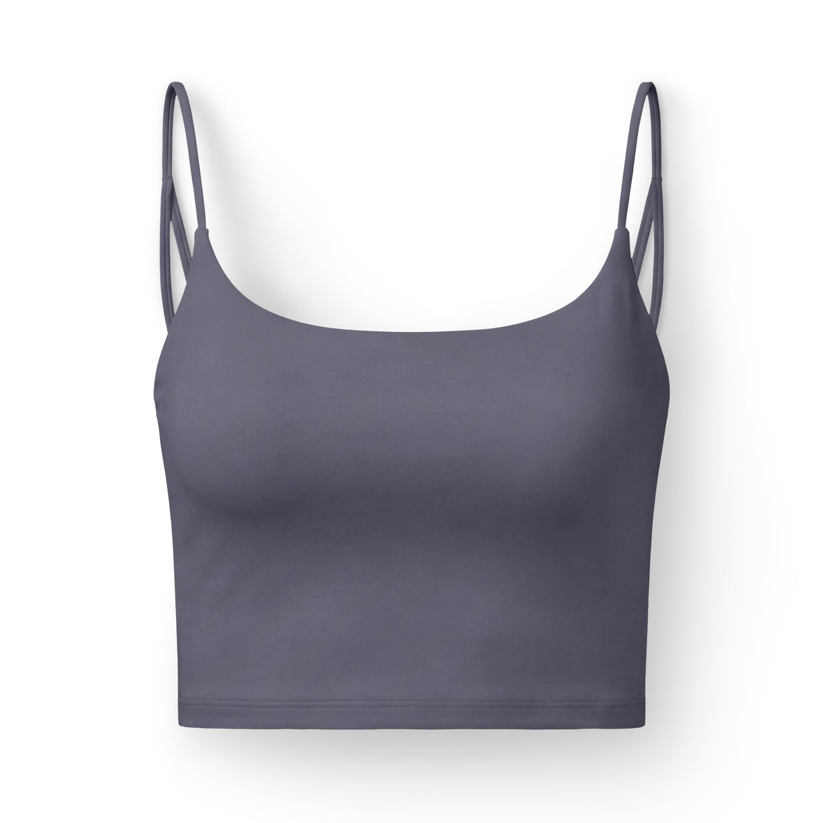 Gray sports bra with thin straps on a white background