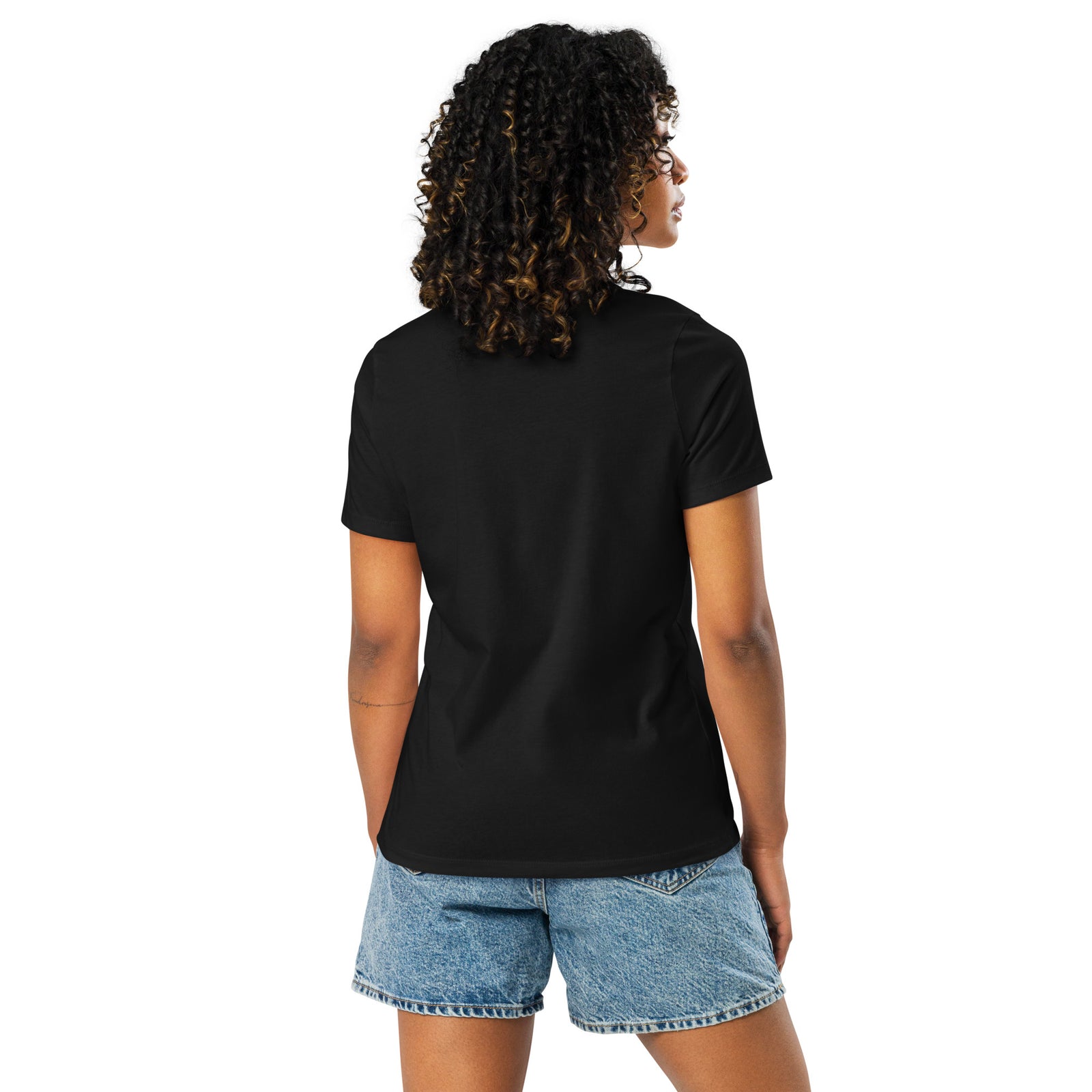 Woman modeling the plain back of the black relaxed-fit T-shirt
