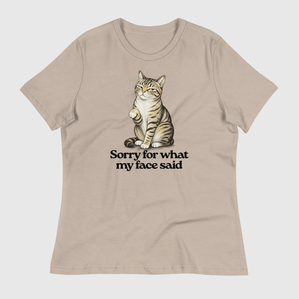Sorry for what my face said graphic t-shirt featuring a cat making a 'resting bitch face'