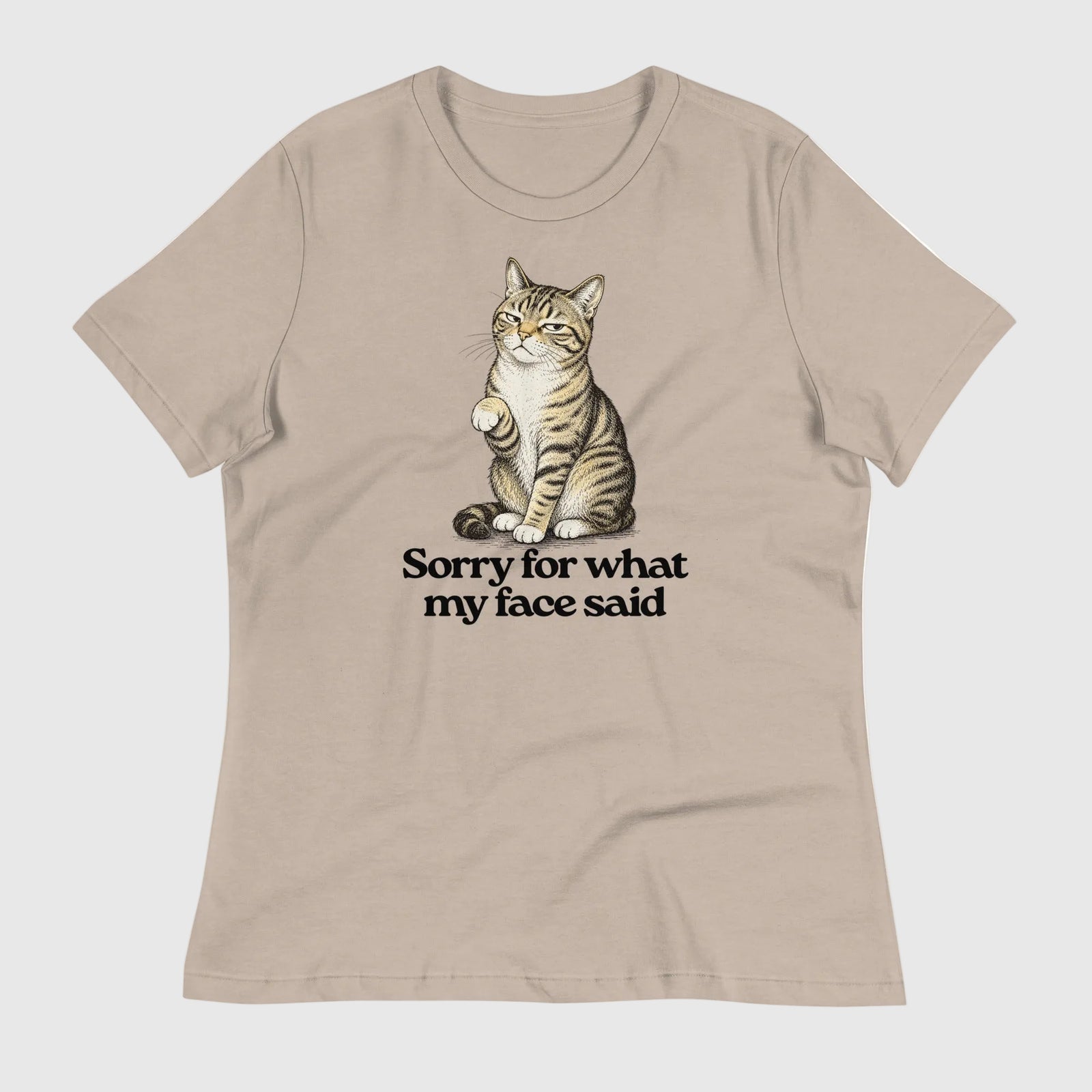 Sorry for what my face said graphic t-shirt featuring a cat making a 'resting bitch face'