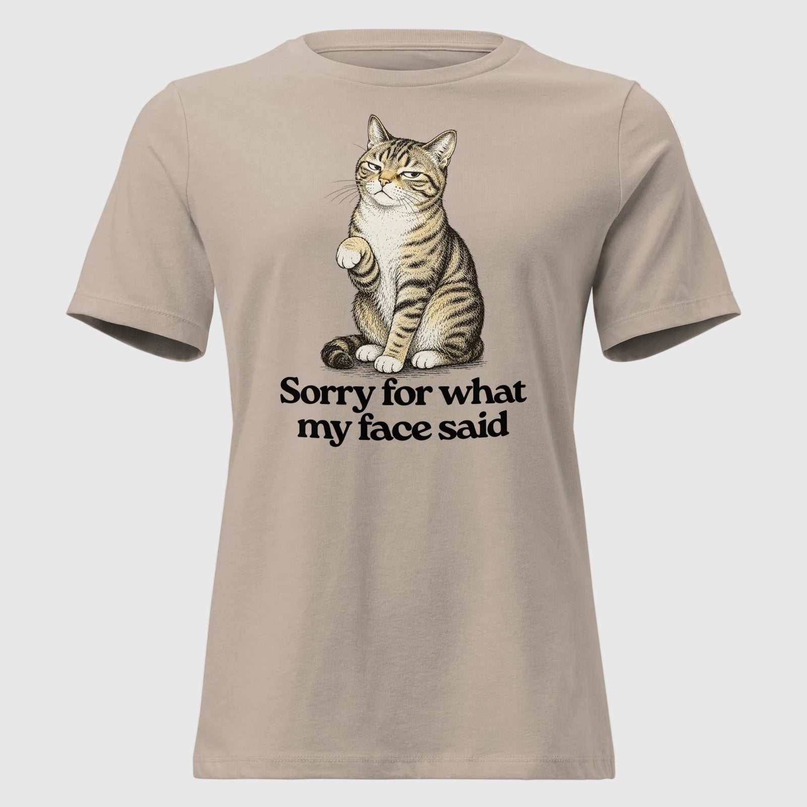 Sorry for what my face said graphic t-shirt featuring a cat making a 'resting bitch face'