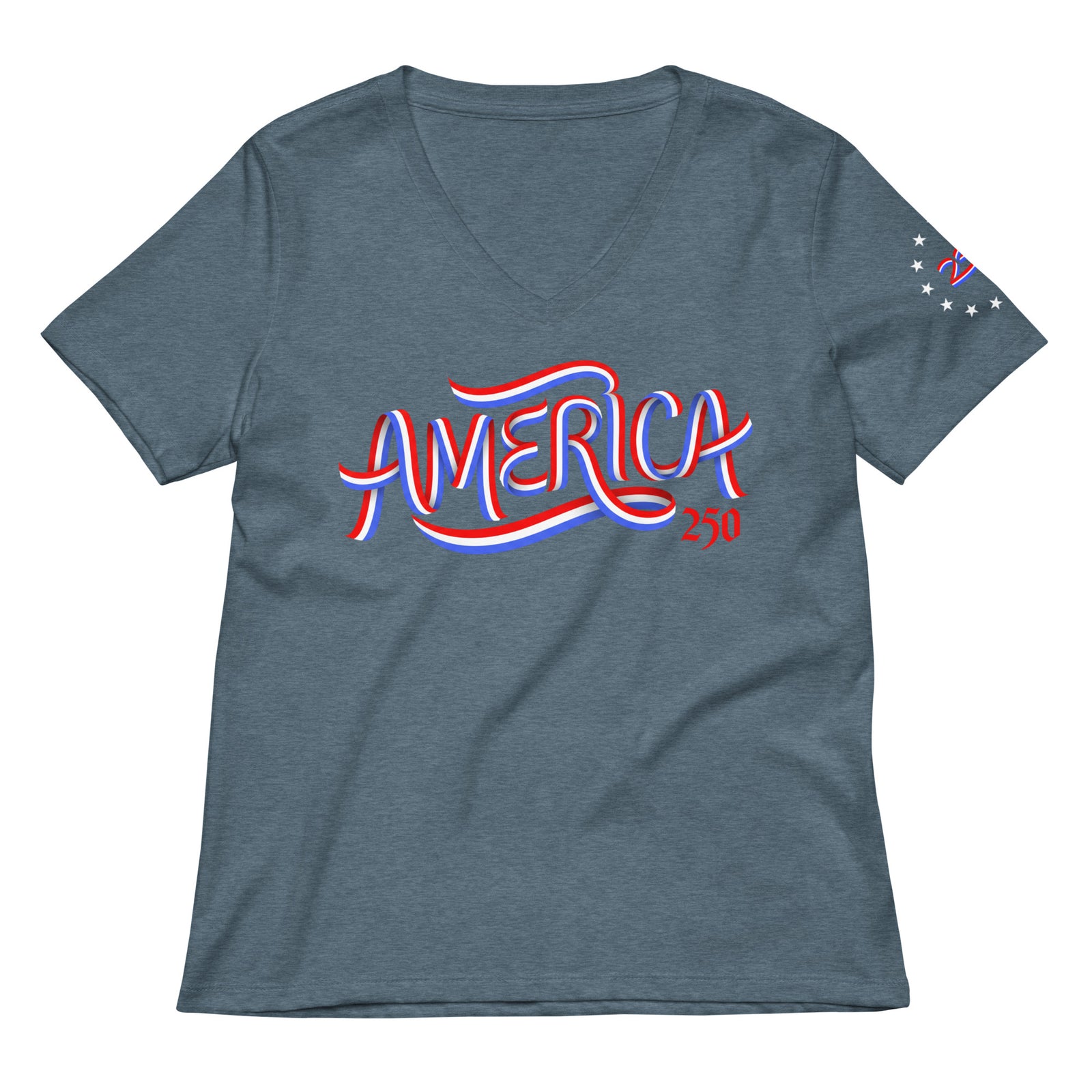 Blue t-shirt with 'AMERICA' text in red and white on a white background
