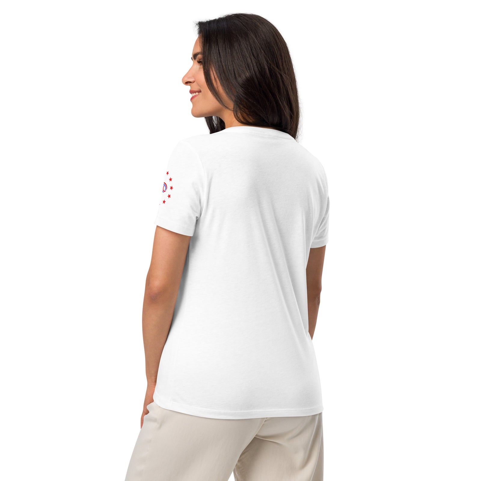 Woman wearing a white t-shirt with a logo on the back, standing against a white background
