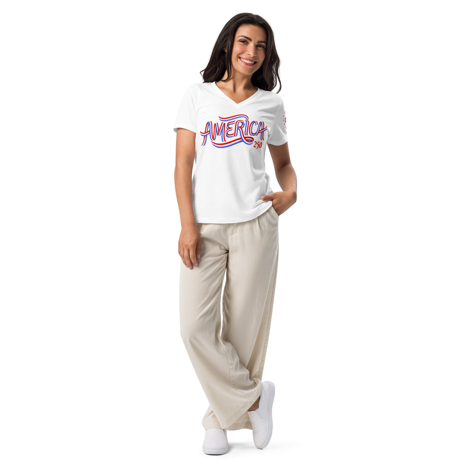 Woman wearing a white t-shirt with text and graphics on a white background