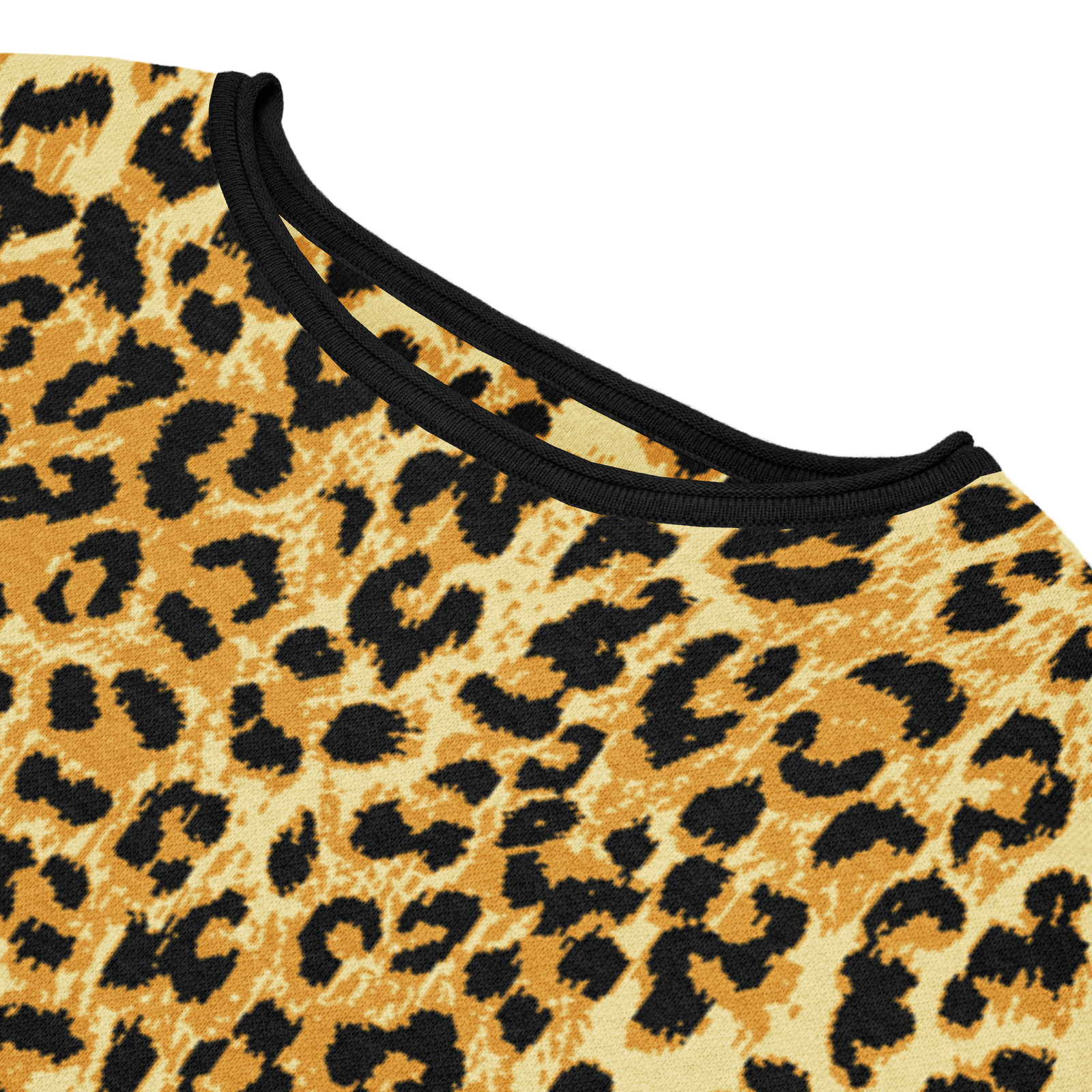 Close-up of a leopard print garment with black trim on a white background