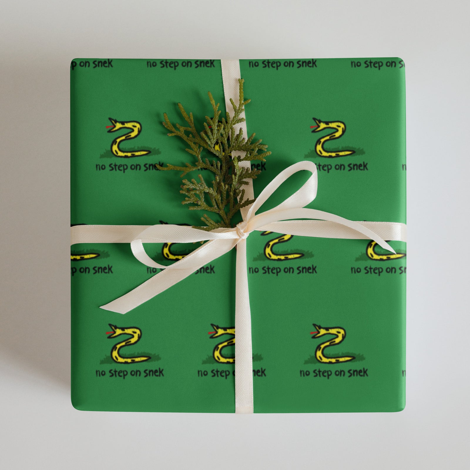 Gift wrapped in green paper with snake pattern and white ribbon on a light gray background