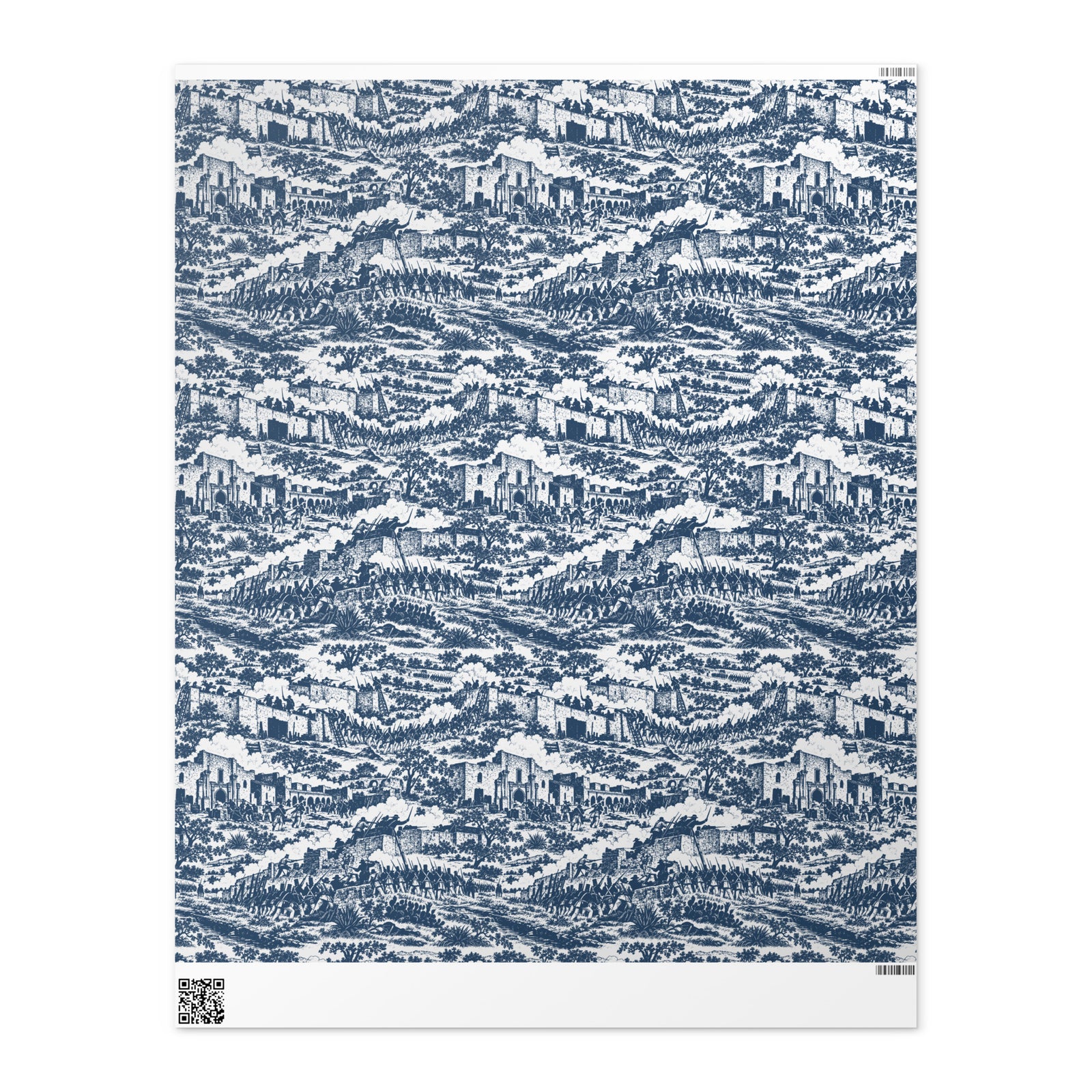 A rectangular sheet of fabric or paper with an all-over blue toile-style pattern on a white ground, shown flat against a white background. A small QR code appears in the lower left corner, and a barcode strip is visible along the bottom edge.