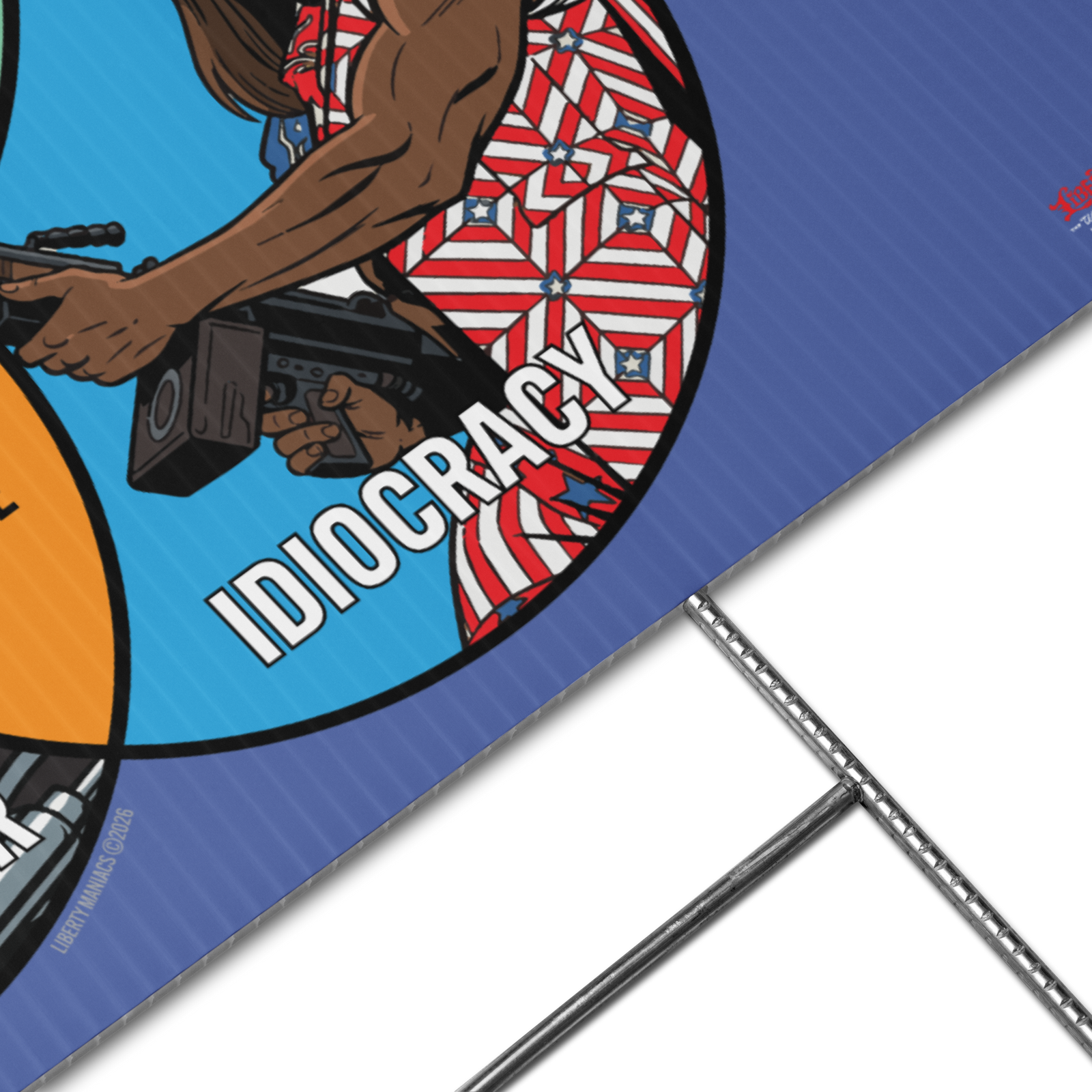 Close-up of Movie Dystopia Venn Diagram Yard Sign connecting The Terminator, The Matrix, and Idiocracy into one bleak joke