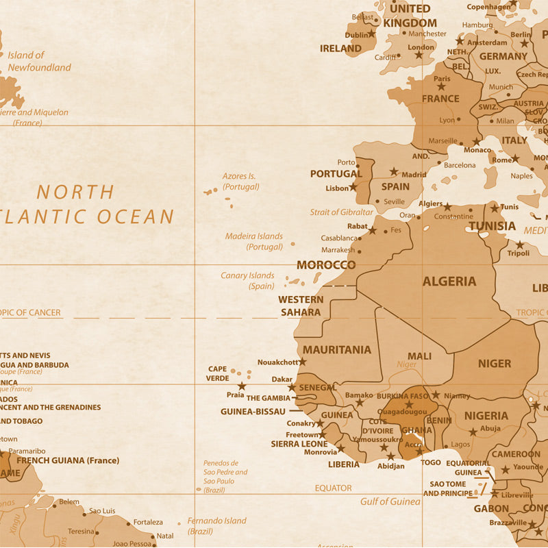 Sepia World Map Hand Stretched 36 x 24 Canvas