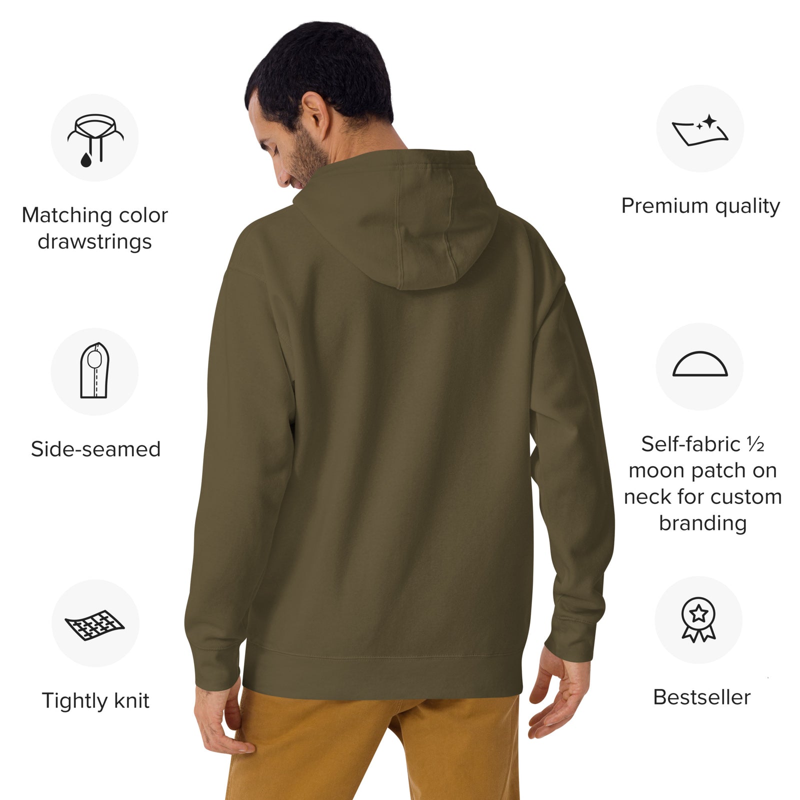 Graphic showing that the Liberty Maniacs premium hoodie has matching color drawstring, a tight knit, with side seamed construction for a perfect silhouette.