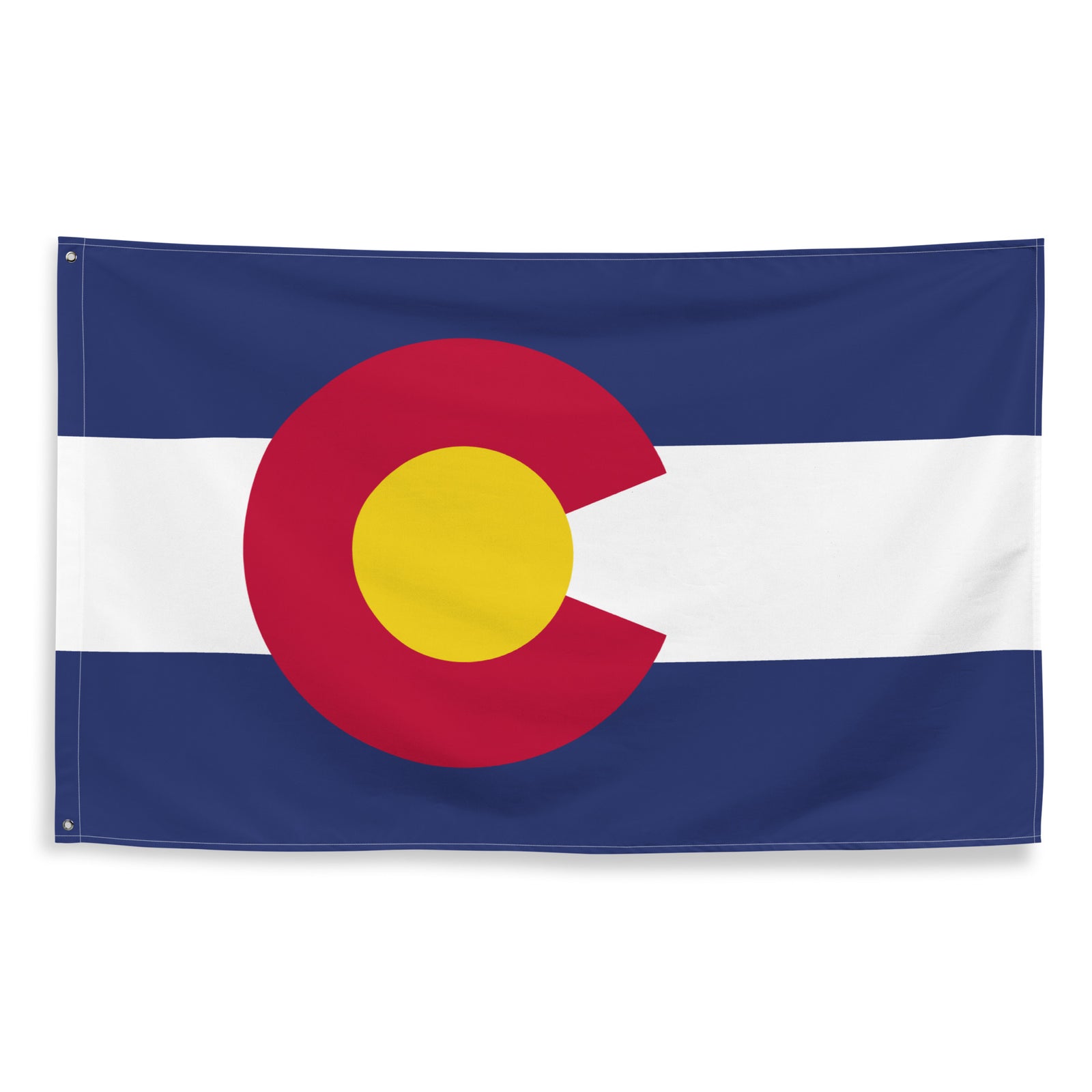 Colorado State wall flag front view with red C, golden disk, and blue white stripes