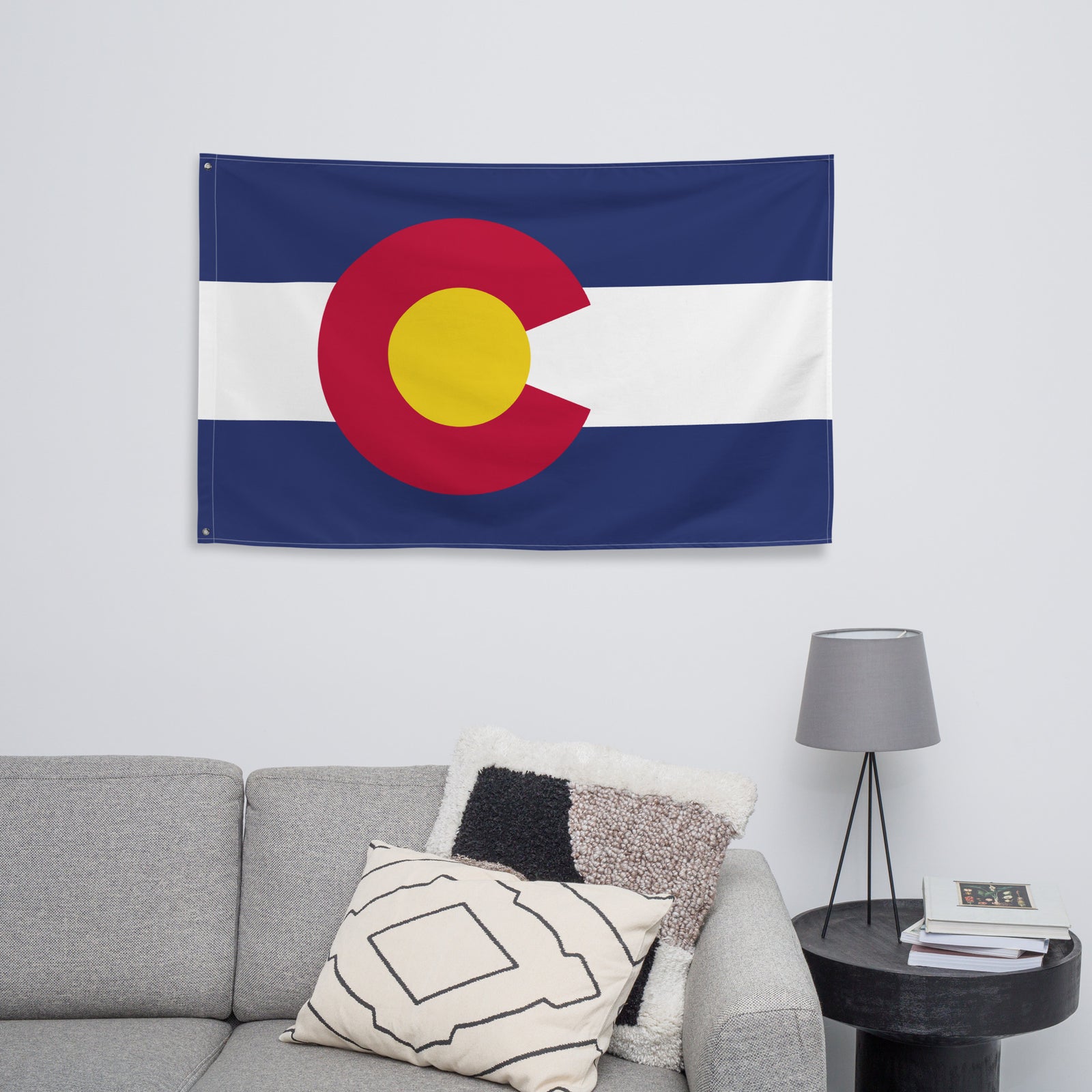 Colorado State Flag hanging wall flag mockup with red C and yellow center disk