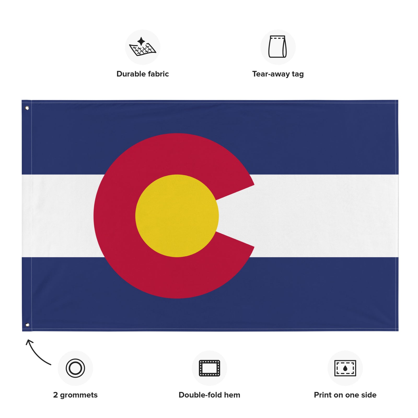 Colorado State Flag close-up of red C and golden disk artwork