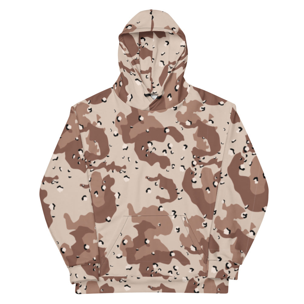 A hooded sweatshirt with a desert camouflage pattern in shades of brown, beige, and black.