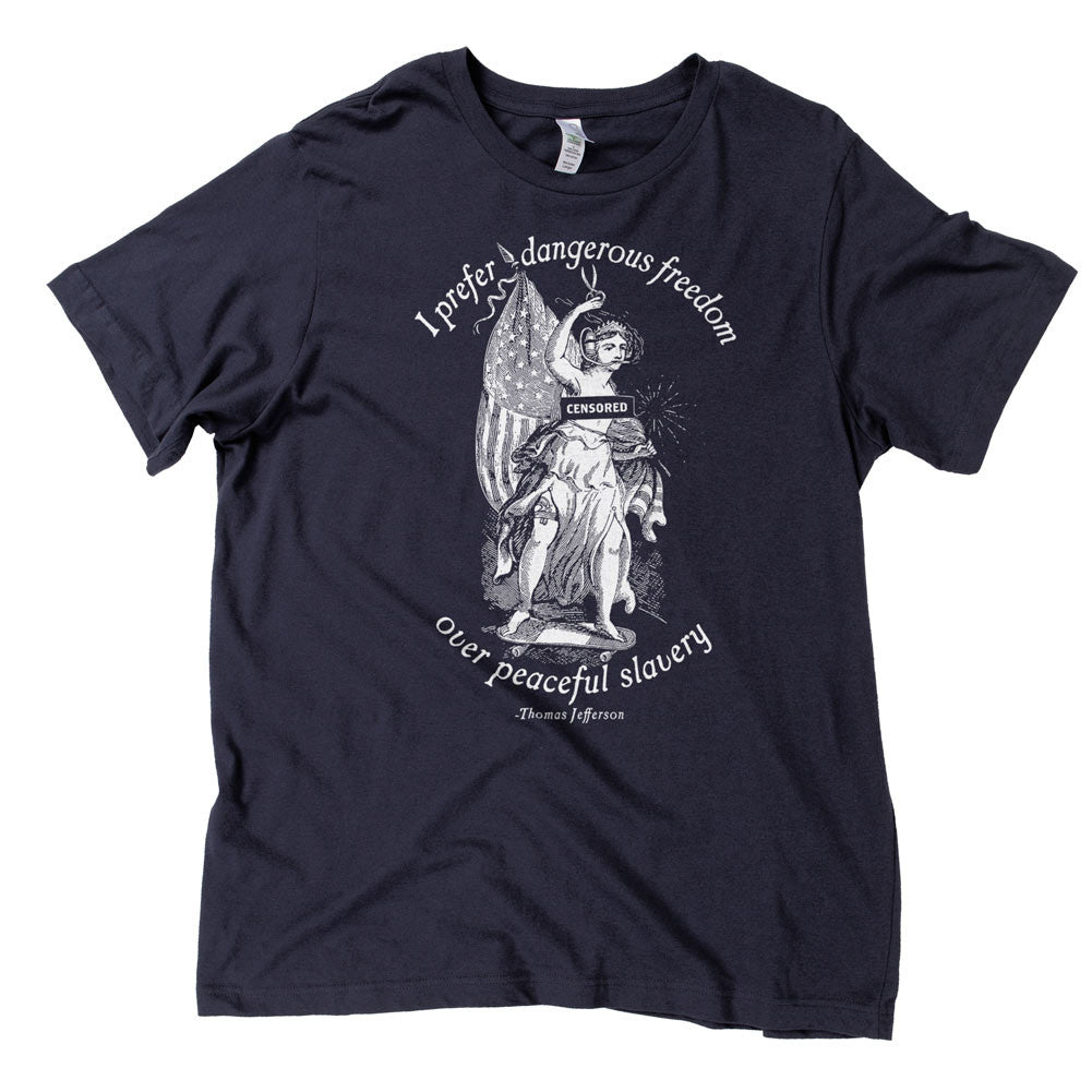 A navy blue t-shirt with a graphic print of a person and the text 'I prefer dangerous freedom over peaceful slavery - Thomas Jefferson'.