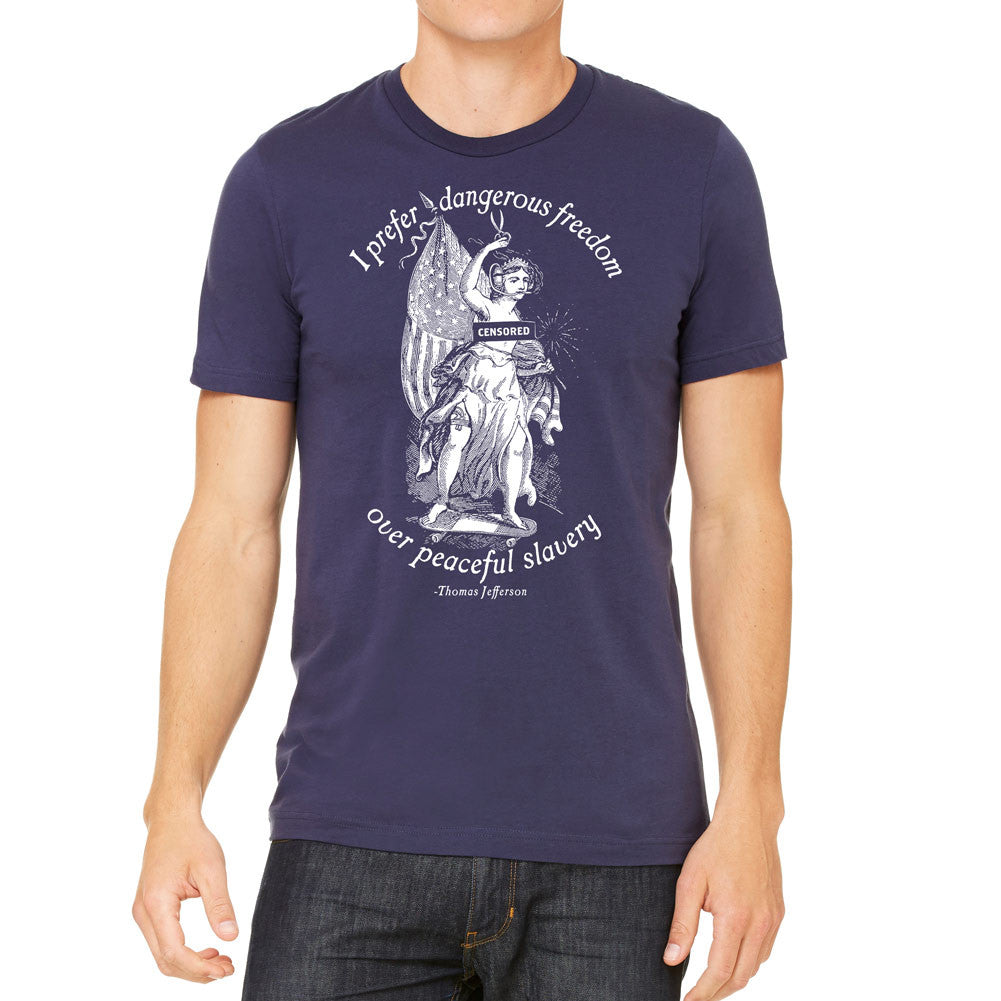 A navy blue t-shirt with a graphic print of a person and the text 'I prefer dangerous freedom over peaceful slavery - Thomas Jefferson' by Liberty Maniacs