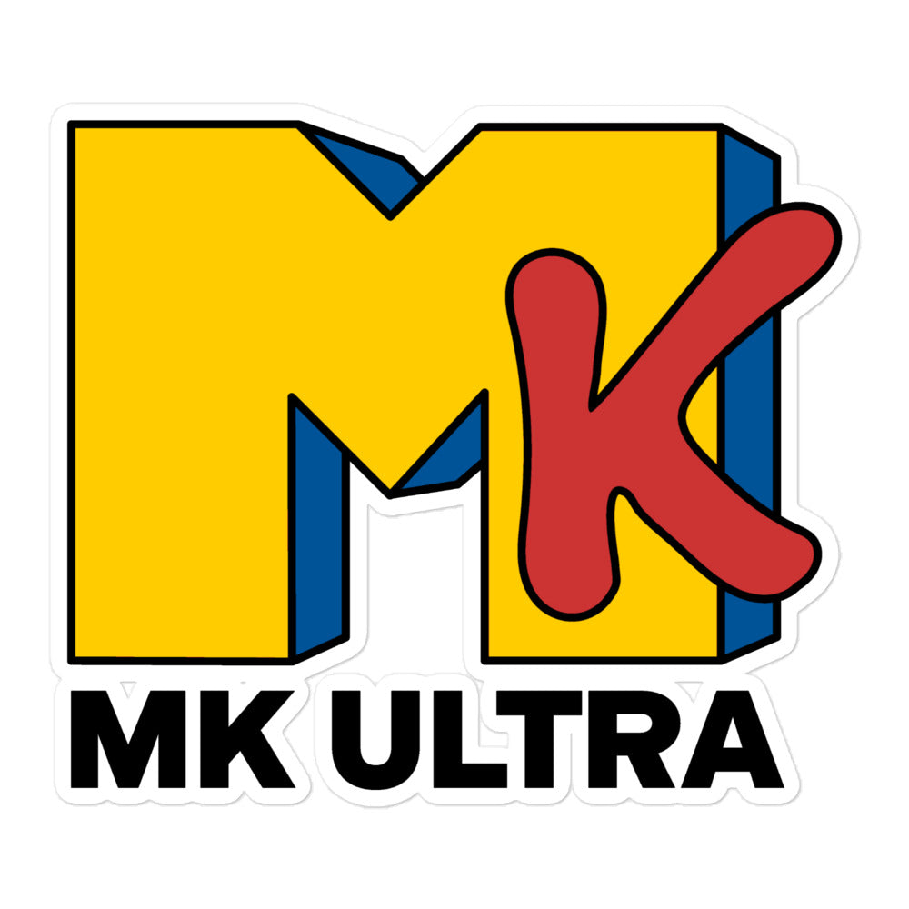 Sticker with the text 'MK ULTRA' in bold, capital letters, styled in a yellow and red color scheme, resembling a well-known mass media logo.