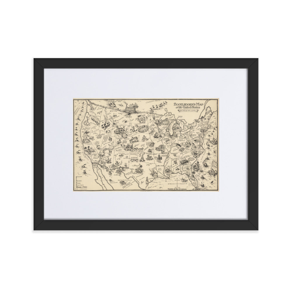 Bootleggers American Illustrated Prohibition Map Framed Print