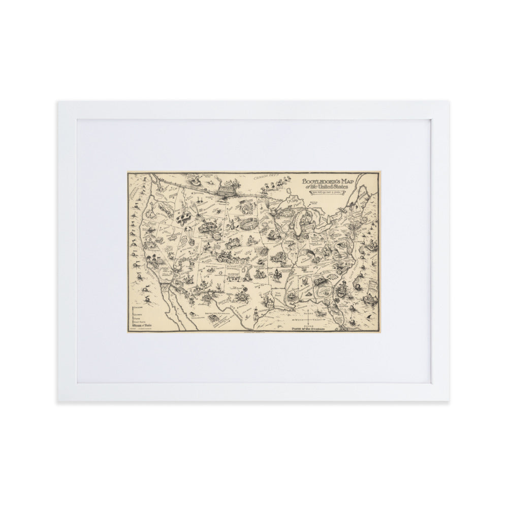 Bootleggers American Illustrated Prohibition Map Framed Print