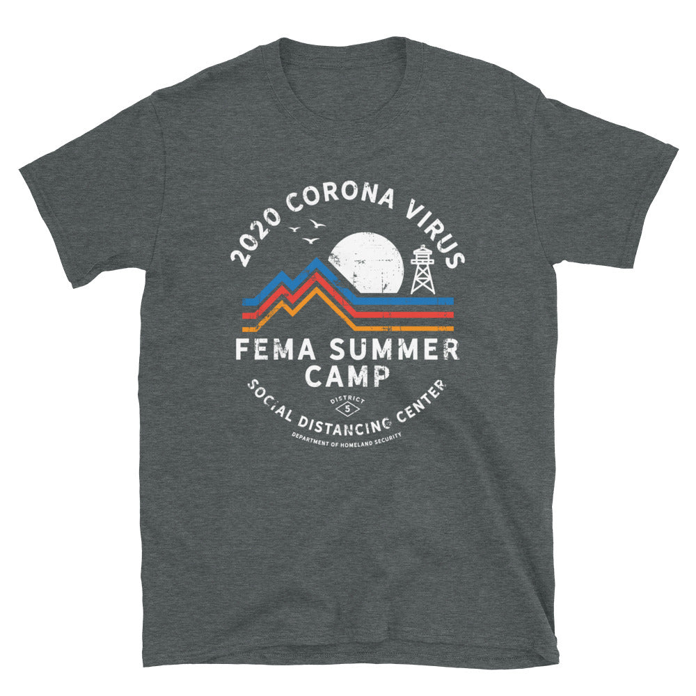 2020 Coronavirus FEMA Summer Camp t-shirt product image with dark pandemic government satire design