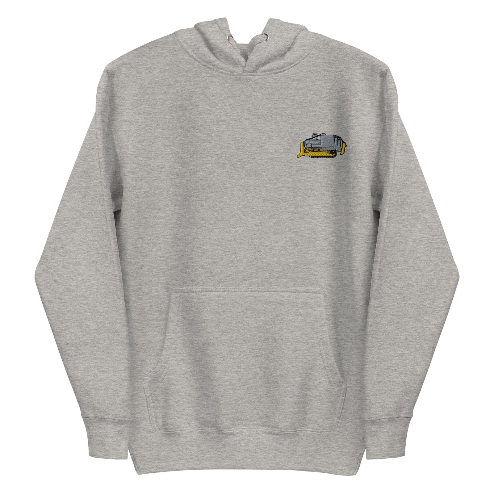 The Killdozer Embroidered Hoodie in athletic grey lying on a white background by Liberty Maniacs
