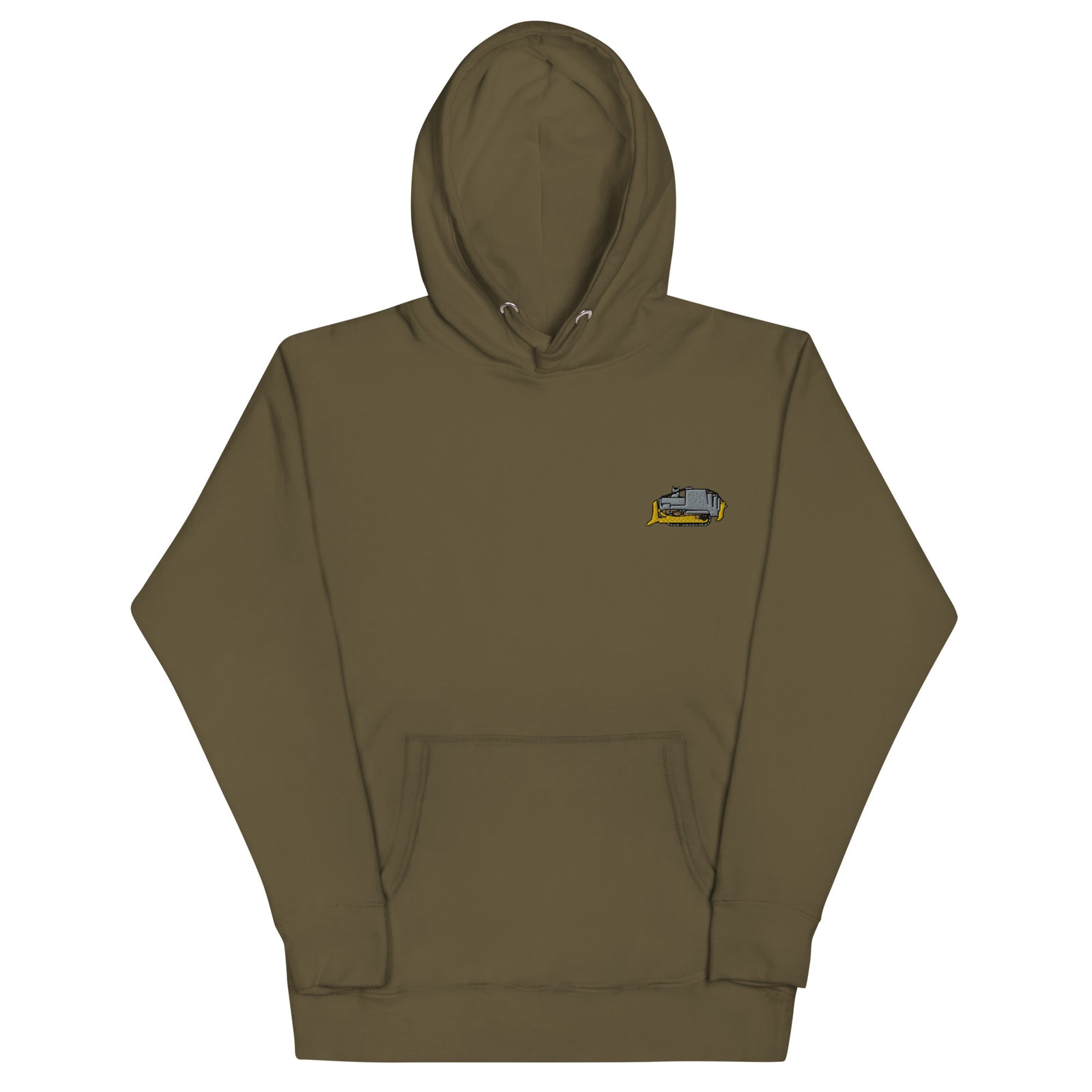 The Killdozer Embroidered Hoodie laying flat in olive green by Liberty Maniacs