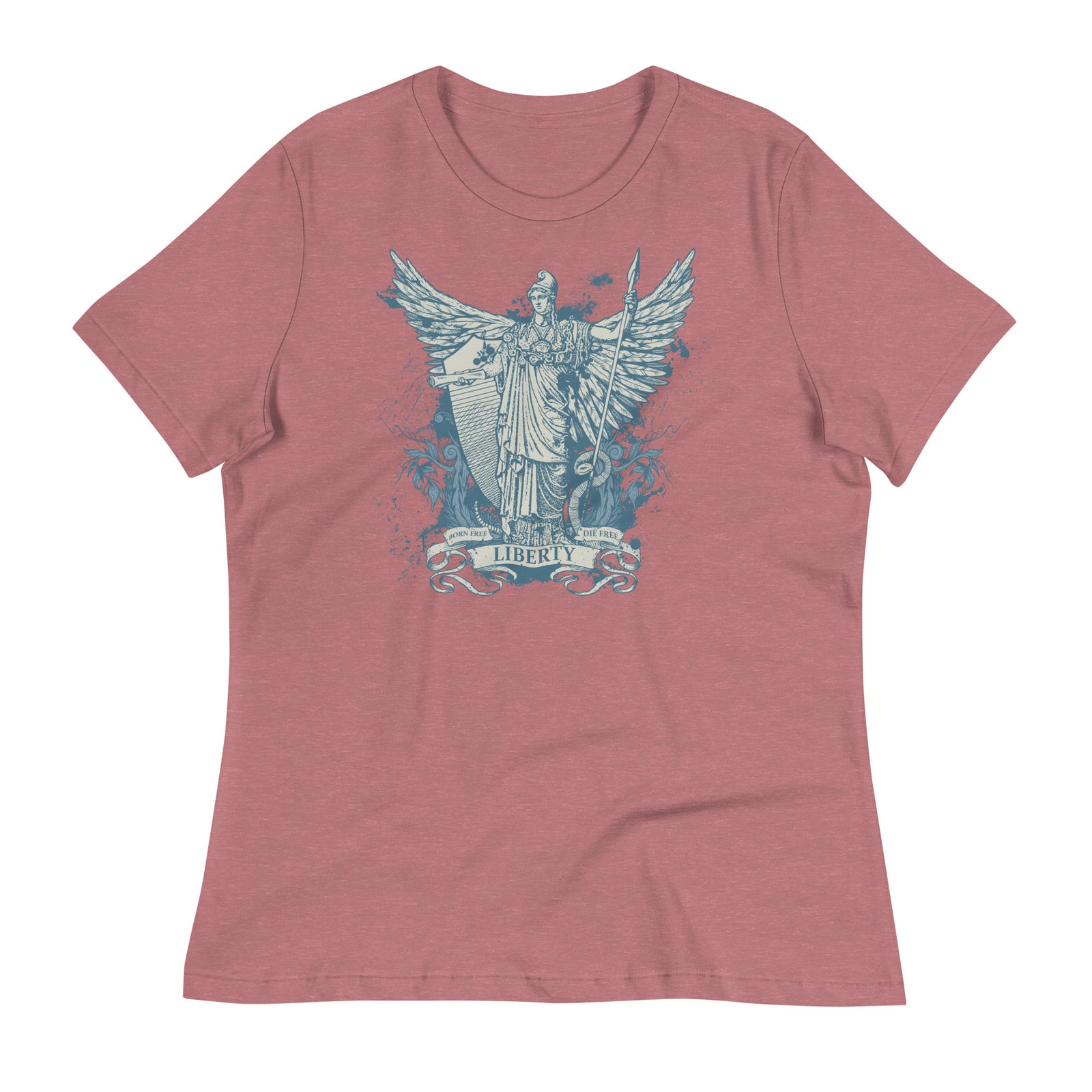 Women's heather mauve t-shirt with a graphic print of the Roman goddess Libertas based on the Statue of Liberty.
