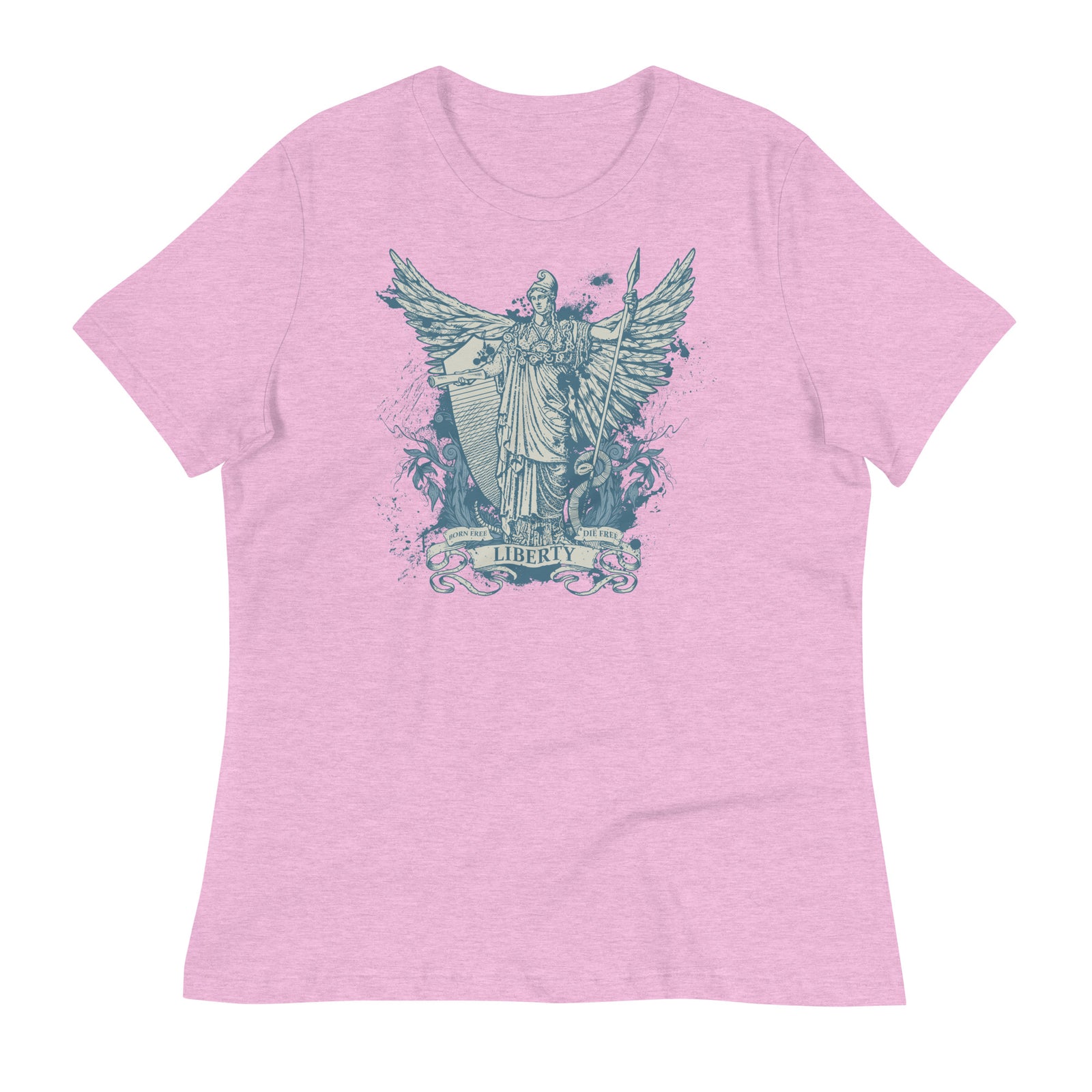 Women's heather prism lilac color t-shirt with a graphic print of the Roman goddess Libertas based on the Statue of Liberty.