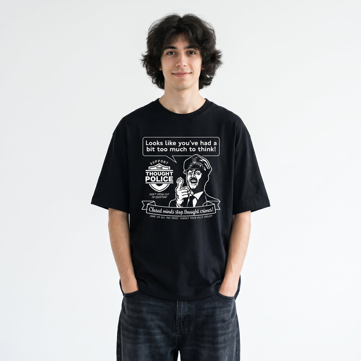 Too Much To Think Retro Thought Police Oversized Boxy Tee