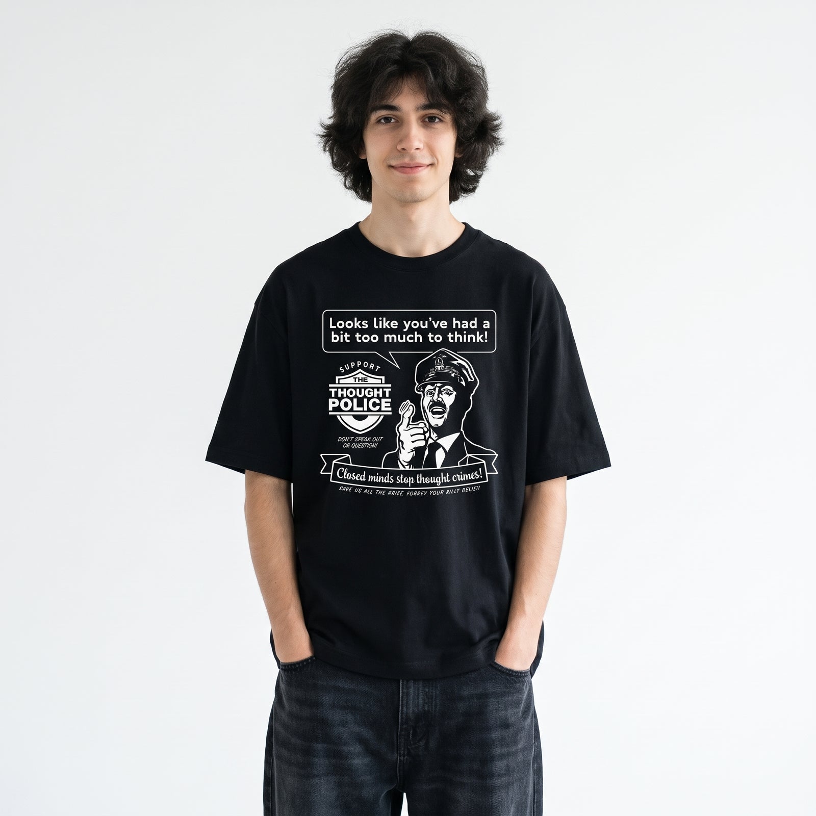 Too Much To Think Retro Thought Police Oversized Boxy Tee