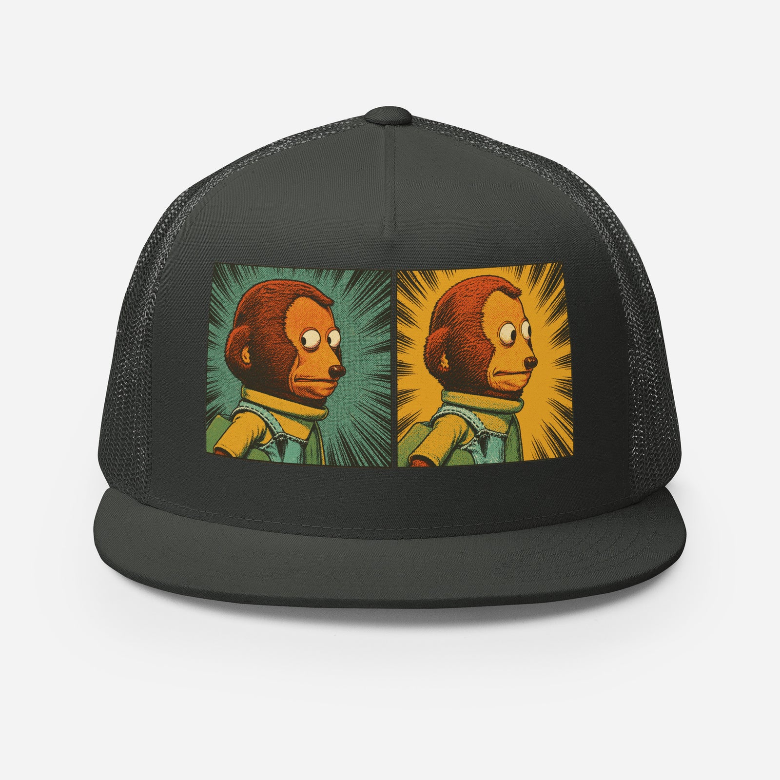 Black trucker cap with colorful graphic design on a white background