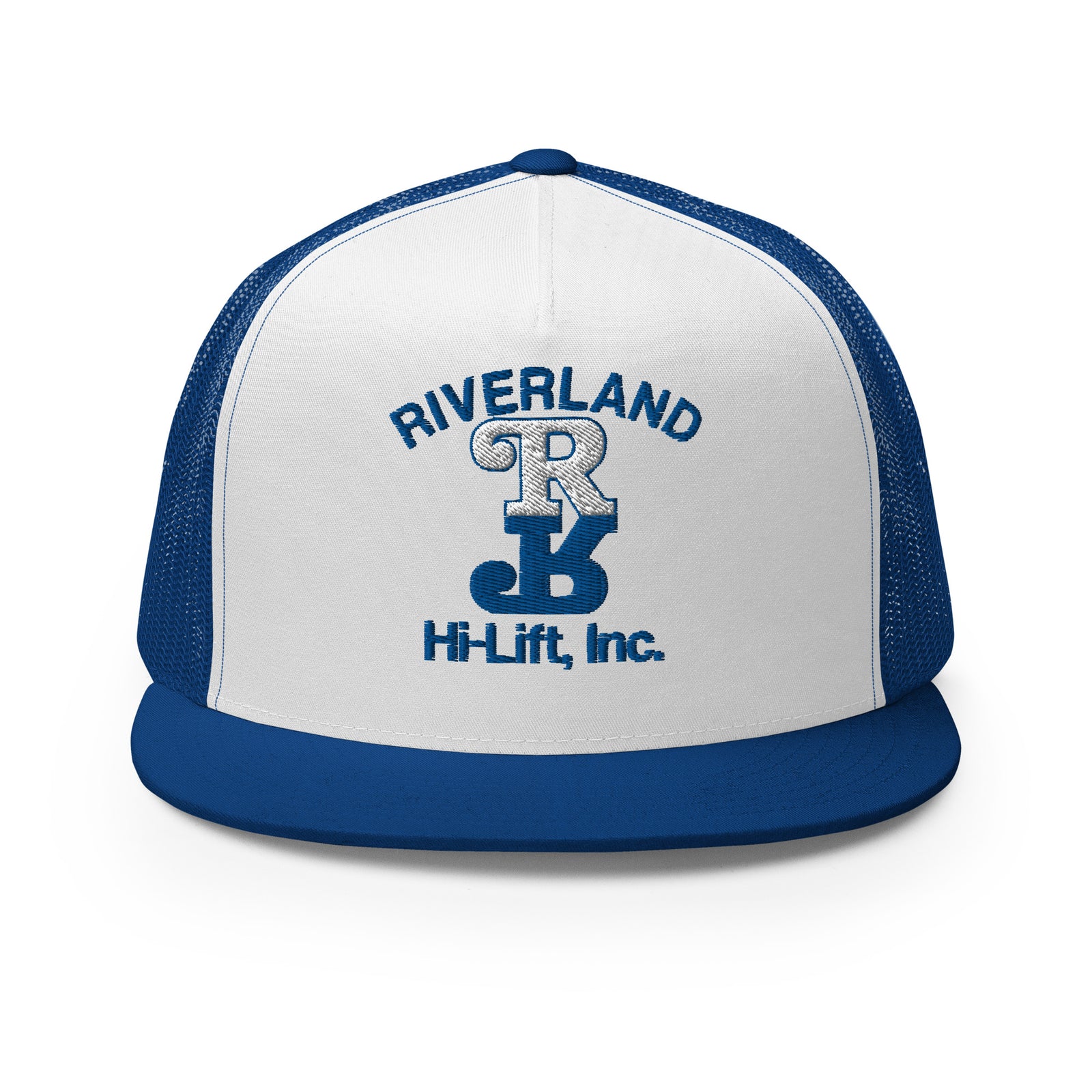 A white trucker cap with the embroidered logo 'RIVERLAND Hi-Lift, Inc.' in blue on the front pane that Gary Plauché wore in 1984.