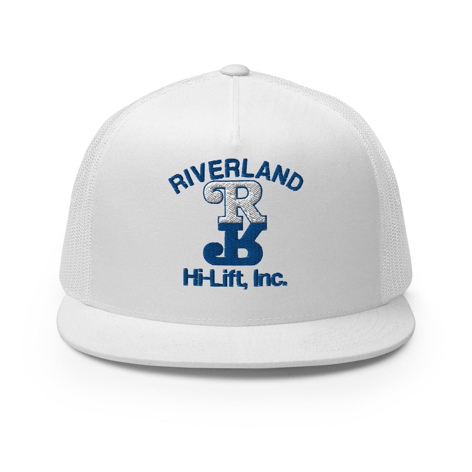 A white trucker cap with the embroidered logo 'RIVERLAND Hi-Lift, Inc.' in blue on the front pane that Gary Plauché wore in 1984.