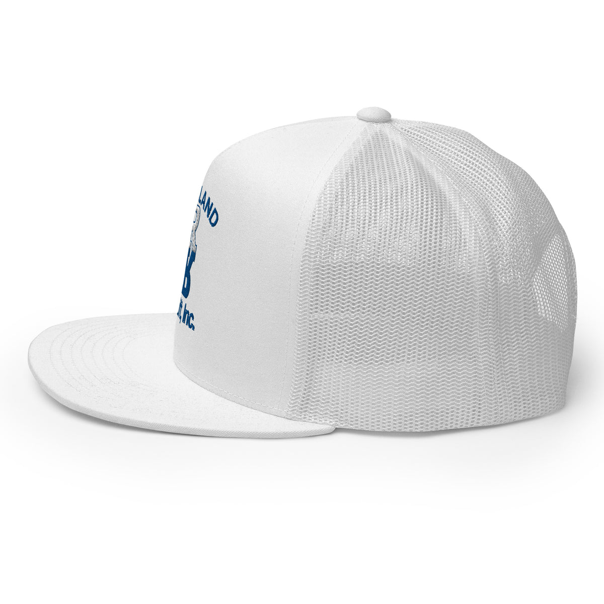 A white trucker cap with the embroidered logo &#39;RIVERLAND Hi-Lift, Inc.&#39; in blue on the front pane that Gary Plauché wore in 1984.