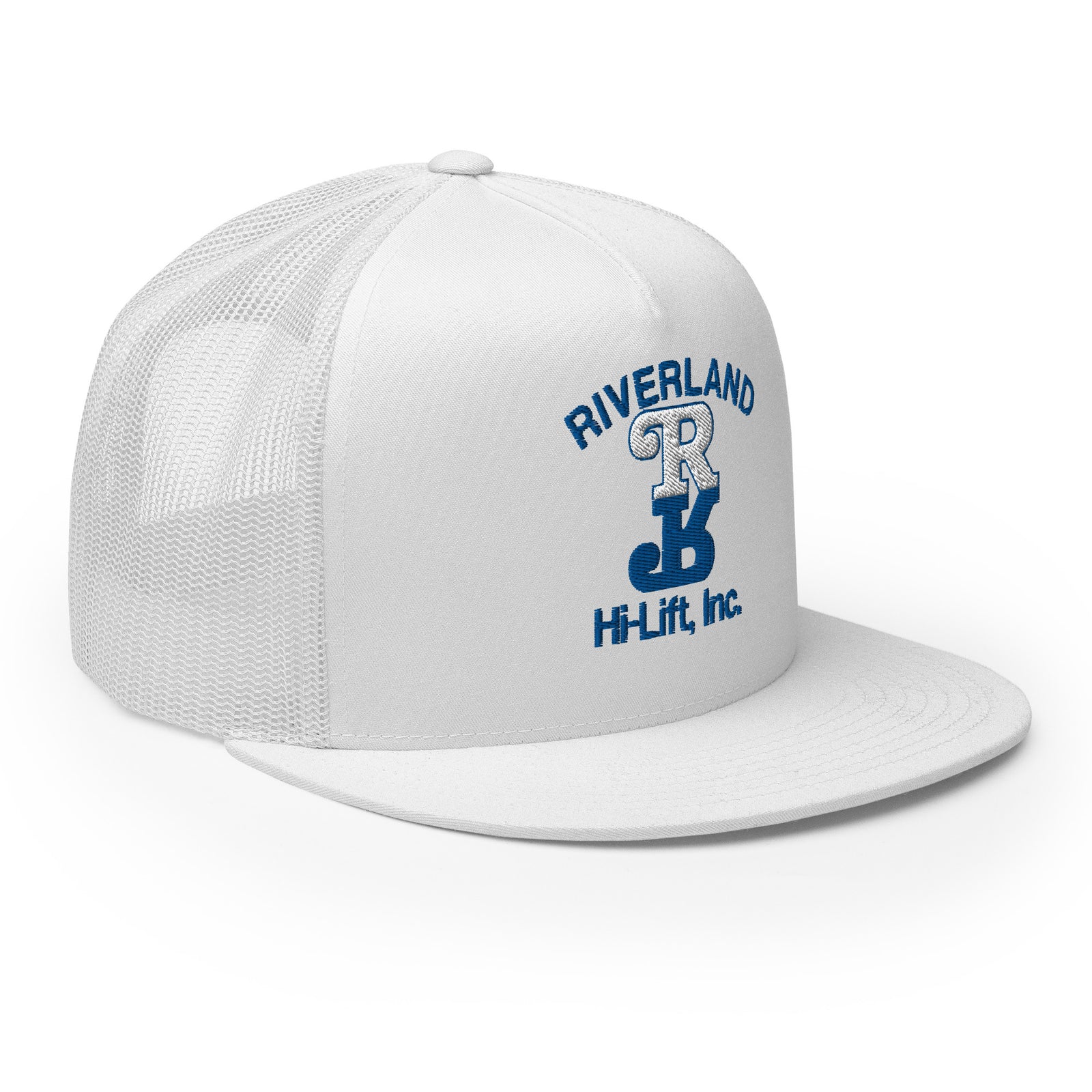 A white trucker cap with the embroidered logo 'RIVERLAND Hi-Lift, Inc.' in blue on the front pane that Gary Plauché wore in 1984.