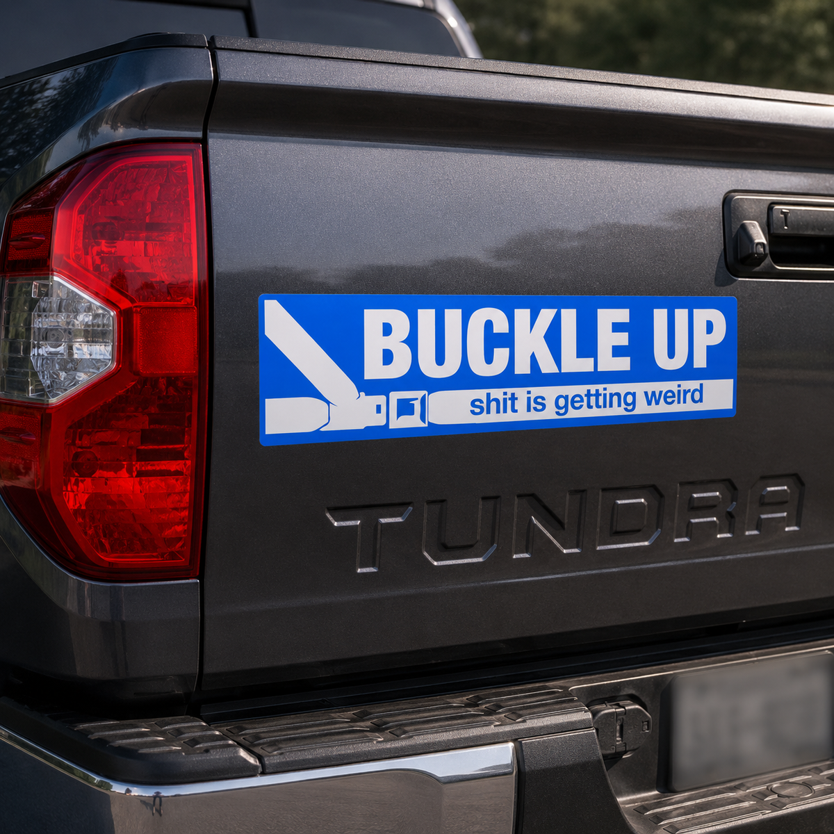 Blue bumper sticker on a grey Toyota truck that says 'Buckle Up: Shit is getting weird'