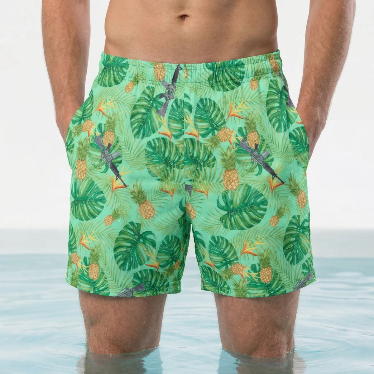 Pineapples and Carbines Hawaiian Print Men's Swim Trunks