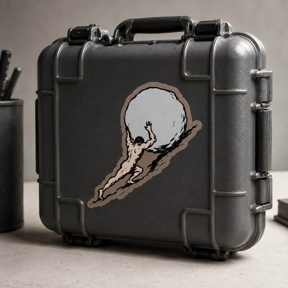 Black hard-shell case with a graphic design of a person pushing a boulder, on a neutral background.